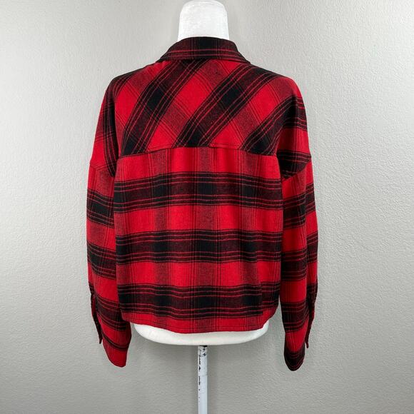 Ci Sono Red Black Plaid Flannel Button Front Long Sleeve Crop Shirt Shacket XL - Picture 2 of 10